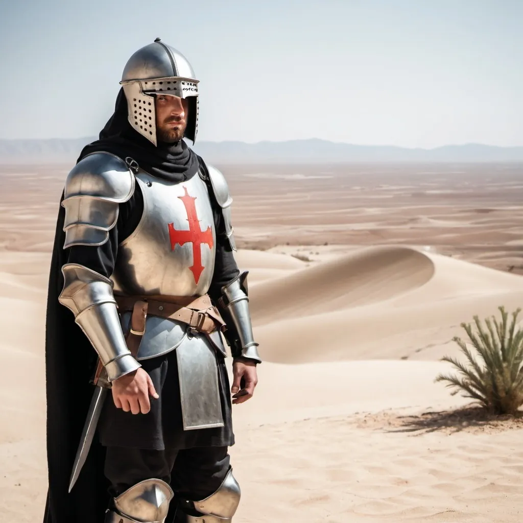 Prompt: Guy in crusader armour In a desert 