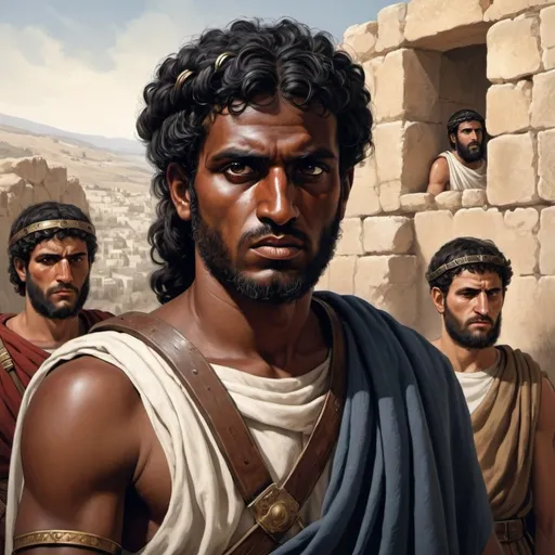 Prompt: a Hasmonean rebel with dark eyes, hair and dark to black skin. in Herodium in the Roman period of Israel. illustration, dramatic, for a presentation