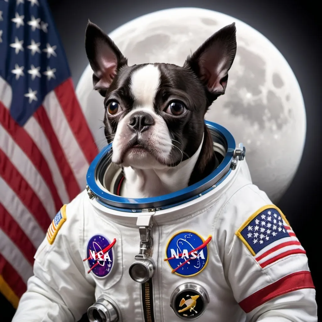 Prompt: Create an image of a Boston terrier as a U.S. NASA Astronaut with a U.S. flag wrapped around him and make it realistic. The dogs name is Toby and he is driving a moon rover.