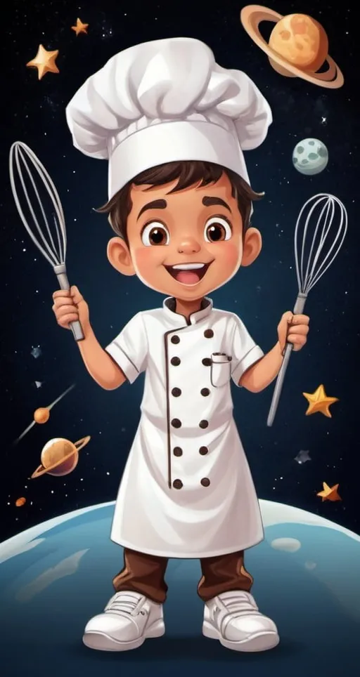 Prompt: make a cartoon image of a kid chef with brown eyes named tricky astro kid who is excited and in outer space with a whisk in hand 
