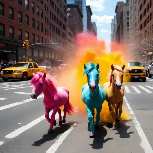 Prompt: little colorfull ponies running with flares around New York City wanted to kill people.