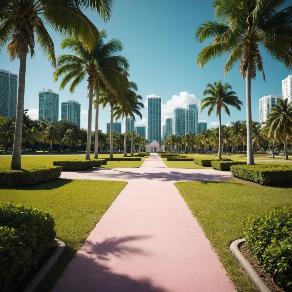 Prompt: A park in a type of city like Miami. It is for a background for a song cover album named, "Discovery". Make it simple.