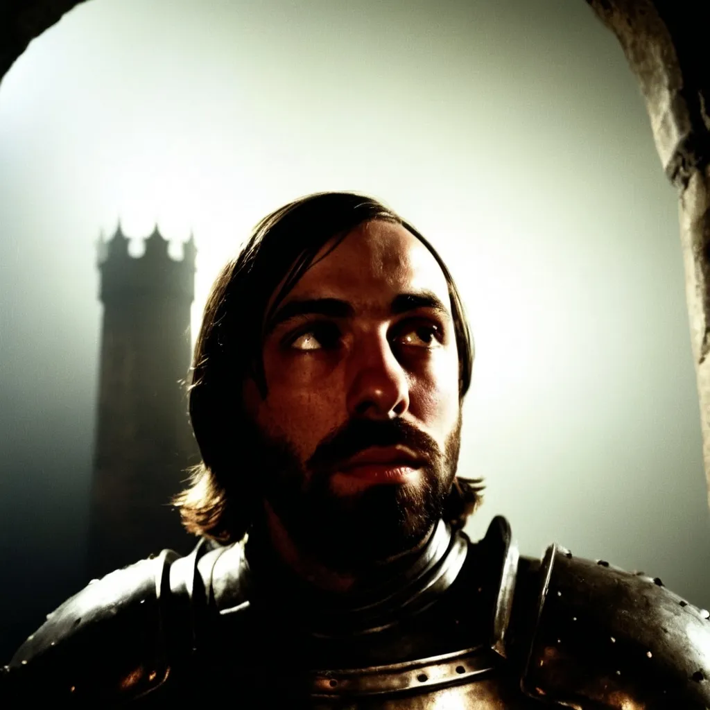 Prompt: Knight in armor without helmet, dark castle room, dimly lit face, 70s-80s film style, dark background, sad, nighttime