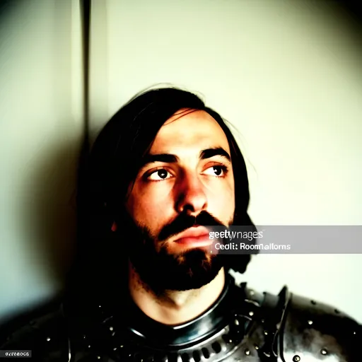 Prompt: Knight in armor without helmet, dark castle room, dimly lit face, 70s-80s film style