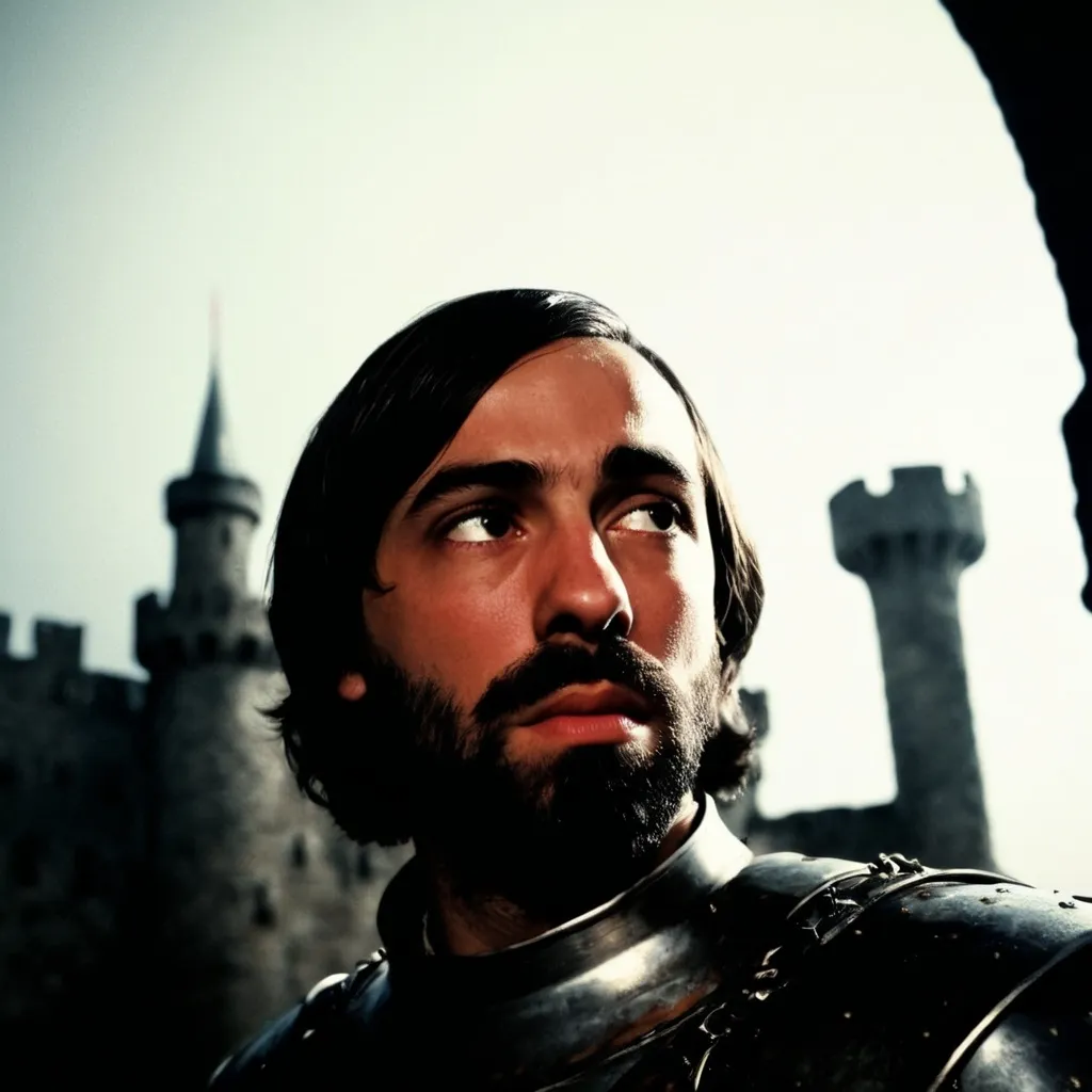 Prompt: Knight in armor without helmet, dark castle room, dimly lit face, 70s-80s film style, black background, sad, nighttime