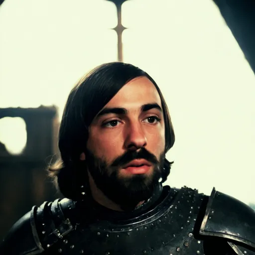 Prompt: Knight in armor without helmet, dark castle room, dimly lit face, 70s-80s film style, dark background, sad, nighttime