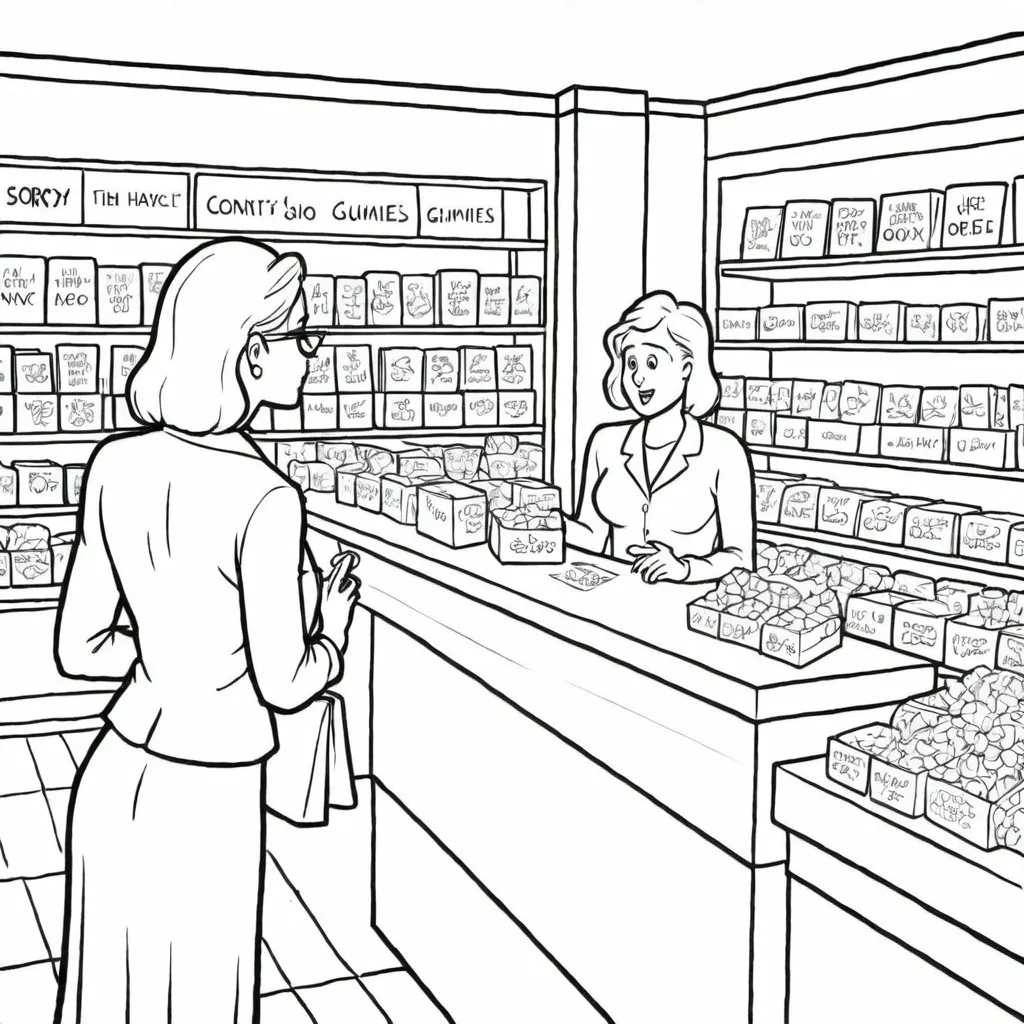 Prompt: cartoon image of a woman at a counter talking to a manager from the store. Behind him are racks of small boxes. The caption should says "I'm sorry. We don't have any "just gummies." She is slightly surprised. He has a snobby look. It's maybe in the style of the New Yorker