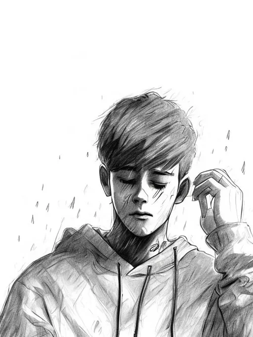 Prompt: A beautiful sketch of a heart broken young man wearing black hoodie sitting in a park lost in thoughts under the rain cinematographic Text " it's okay if you lost we all a lil lost and it's alright", 