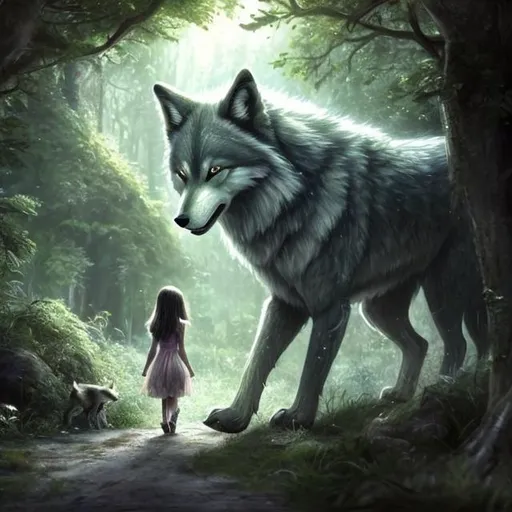Prompt: Digital picture of a serene little girl walking through the woods, accompanied by a protective, menacing wolf, expressive eyes, innocent face, detailed fur with protective stance, tall trees, lush forest setting, high quality, detailed digital art, protective wolf, serene atmosphere, calm and innocent expression, large wolf, safe and protected, lush greenery, menacing yet protective, protective stance, highres, ultra-detailed, digital art, serene, protective