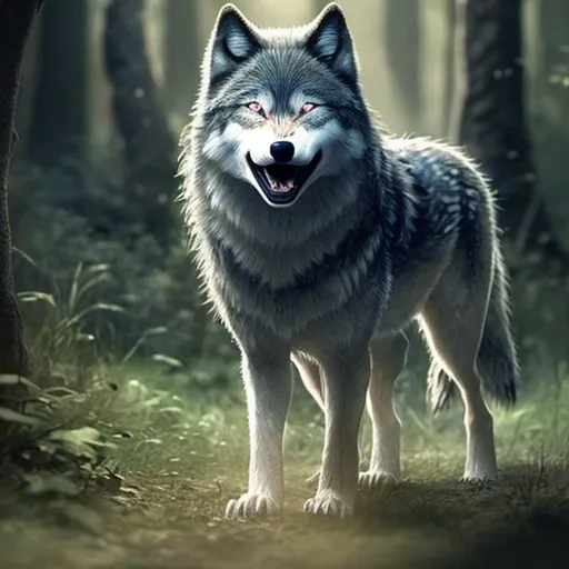 Prompt: A detailed, little girl, walks through the woods, yawning safe and protected. her face is calm and innocent, with expressive eyes and next to her runs a menacing wolf, which is double bigger than the girl size and protects her,they standing face to screen
 a digital picture,




