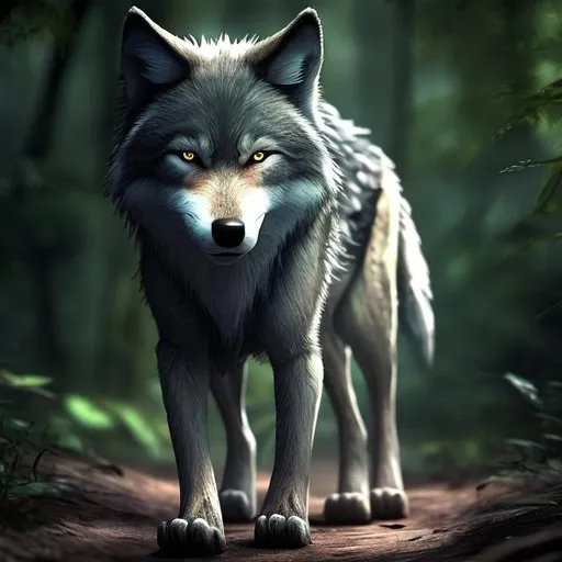 Prompt: A detailed, small child, walks through the forest jaciasi safe and protected The child's face calm and innocent, expressive eyes and next to him runs a menacing wolf that protects the child, a digital picture,


