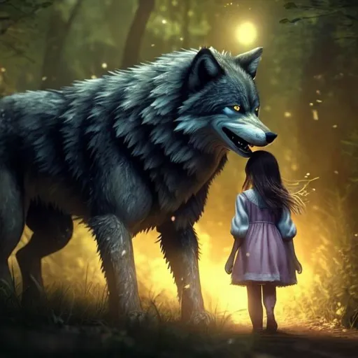 Prompt: A detailed, little girl, walks through the woods, yawning safe and protected. her face is calm and innocent, with expressive eyes and next to her runs a menacing wolf, which is double bigger than the girl size and protects her,they standing face to screen
 a digital picture,




