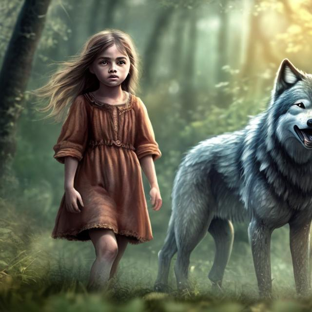 Prompt: A detailed, little girl, walks through the woods, yawning safe and protected. her face is calm and innocent, with expressive eyes and next to her runs a menacing wolf, which is much bigger than the girl and protects her, a digital picture,




