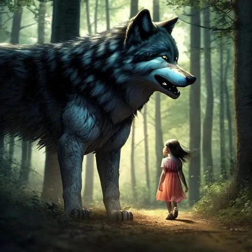 Prompt: A detailed, little girl, walks through the woods, yawning safe and protected. her face is calm and innocent, with expressive eyes and next to her runs a menacing wolf, which is double bigger than the girl size and protects her, a digital picture,




