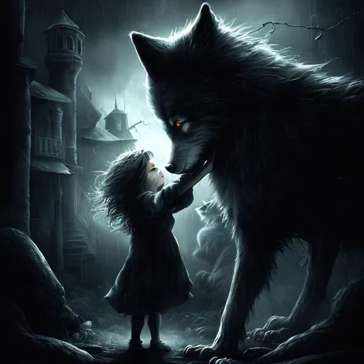 Prompt: Detailed digital painting of a frightened little girl hiding behind a protective and menacing wolf, dark and ominous atmosphere, high-res, detailed fur, expressive eyes, fantasy, protective wolf, scared child, digital painting, dark tones, ominous lighting, menacing wolf, detailed, atmospheric, protective, frightened, high quality