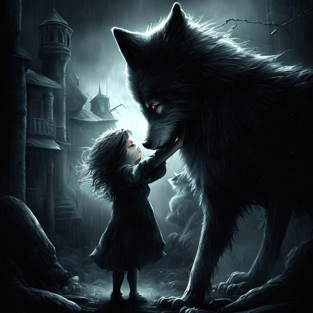 Prompt: Detailed digital painting of a frightened little girl hiding behind a protective and menacing wolf, dark and ominous atmosphere, high-res, detailed fur, expressive eyes, fantasy, protective wolf, scared child, digital painting, dark tones, ominous lighting, menacing wolf, detailed, atmospheric, protective, frightened, high quality