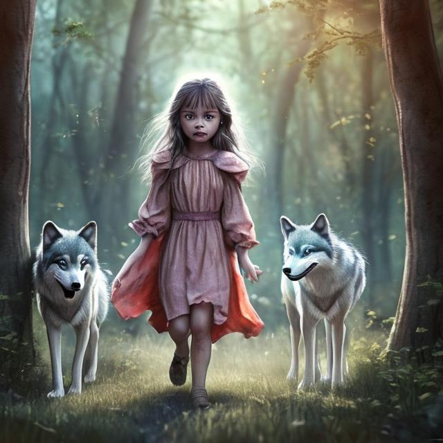 Prompt: A detailed, little girl, walks through the woods, yawning safe and protected. her face is calm and innocent, with expressive eyes and next to her runs a menacing wolf, which is twice as large as a girl and protects her from threats, and he will do everything so that the girl is safe, digital picture,






