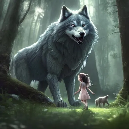 Prompt: Digital picture of a serene little girl walking through the woods, accompanied by a protective, menacing wolf, expressive eyes, innocent face, detailed fur with protective stance, tall trees, lush forest setting, high quality, detailed digital art, protective wolf, serene atmosphere, calm and innocent expression, large wolf, safe and protected, lush greenery, menacing yet protective, protective stance, highres, ultra-detailed, digital art, serene, protective