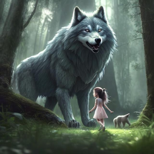 Prompt: Digital picture of a serene little girl walking through the woods, accompanied by a protective, menacing wolf, expressive eyes, innocent face, detailed fur with protective stance, tall trees, lush forest setting, high quality, detailed digital art, protective wolf, serene atmosphere, calm and innocent expression, large wolf, safe and protected, lush greenery, menacing yet protective, protective stance, highres, ultra-detailed, digital art, serene, protective