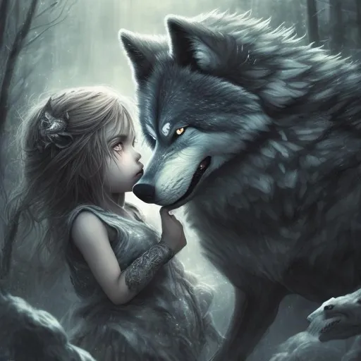 Prompt: Little girl hiding behind a big and angry wolf, protective wolf, fearful expression, forest setting, detailed fur with intense reflections, intense and focused gaze, soft pastel colors, detailed eyes, highres, detailed, protective, fearful, wolf, girl, forest, soft pastel, detailed eyes, intense reflections, atmospheric lighting