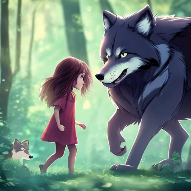 Prompt: small girl, walks through the forest feel safe and protected The child's face calm and innocent, expressive eyes and next to him runs a menacing wolf that protects the child, a digital picture,


