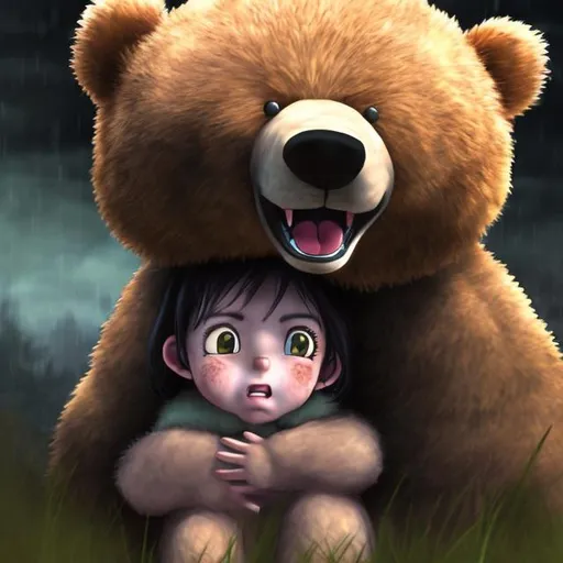 Prompt: A detailed digital picture of a frightened little child hiding behind a guarding and menacing bear, the child yacia safe and protected The child's face is calm and innocent, he feels safe









Insert