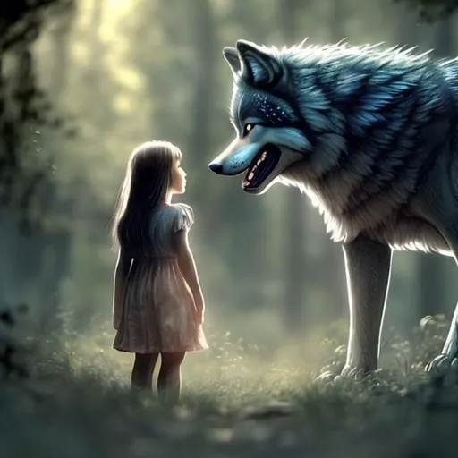 Prompt: A detailed, little girl, walks through the woods, yawning safe and protected. her face is calm and innocent, with expressive eyes and next to her runs a menacing wolf, which is double bigger than the girl size and protects her,they standing face to screen
 a digital picture,




