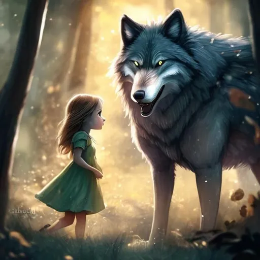 Prompt: A detailed, little girl, walks through the woods, yawning safe and protected. her face is calm and innocent, with expressive eyes and next to her runs a menacing wolf, which is twice as large as a girl and protects her from threats, and he will do everything so that the girl is safe, digital picture,






