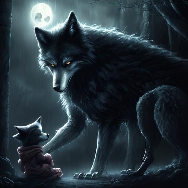 Prompt: Detailed digital painting of a frightened little girl hiding behind a protective and menacing wolf, she trust him, dark and ominous atmosphere, high-res, detailed fur, expressive eyes, fantasy, protective wolf, scared child, digital painting, dark tones, ominous lighting, menacing wolf, detailed, atmospheric, protective, frightened, high quality