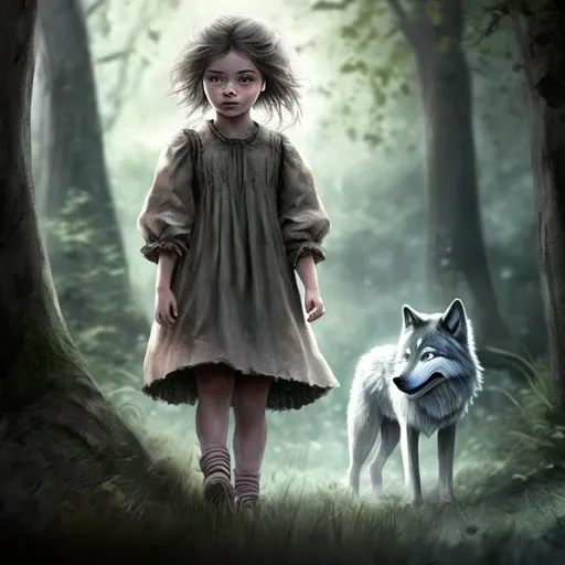 Prompt: A detailed, little girl, walks through the woods, yawning safe and protected. her face is calm and innocent, with expressive eyes and next to her runs a menacing wolf, which is twice as large as a girl and protects her from threats, and he will do everything so that the girl is safe, digital picture,






