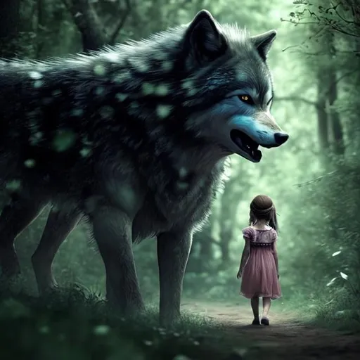 Prompt: A detailed, little girl, walks through the woods, yawning safe and protected. her face is calm and innocent, with expressive eyes and next to her runs a menacing wolf, which is double bigger than the girl size and protects her, a digital picture,




