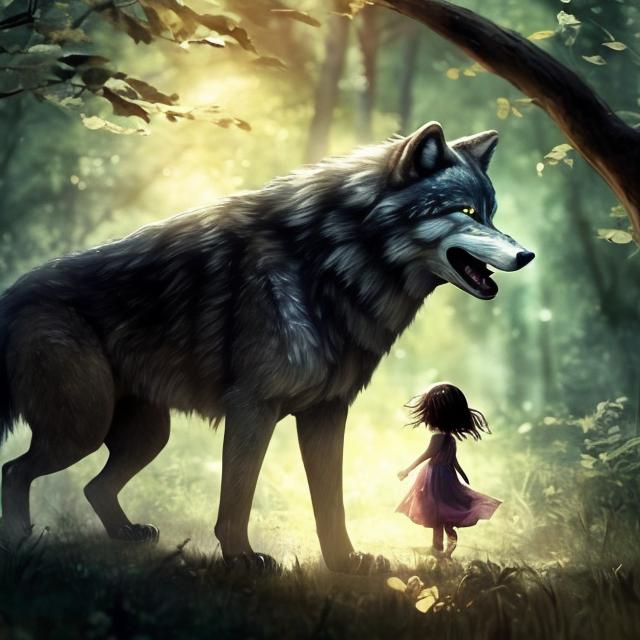 Prompt: A detailed, little girl, walks through the woods, yawning safe and protected. her face is calm and innocent, with expressive eyes and next to her runs a menacing wolf, which is twice as large as a girl and protects her from threats, and he will do everything so that the girl is safe, digital picture,






