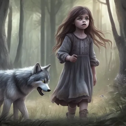 Prompt: A detailed, little girl, walks through the woods, yawning safe and protected. her face is calm and innocent, with expressive eyes and next to her runs a menacing wolf, which is much bigger than the girl and protects her, a digital picture,




