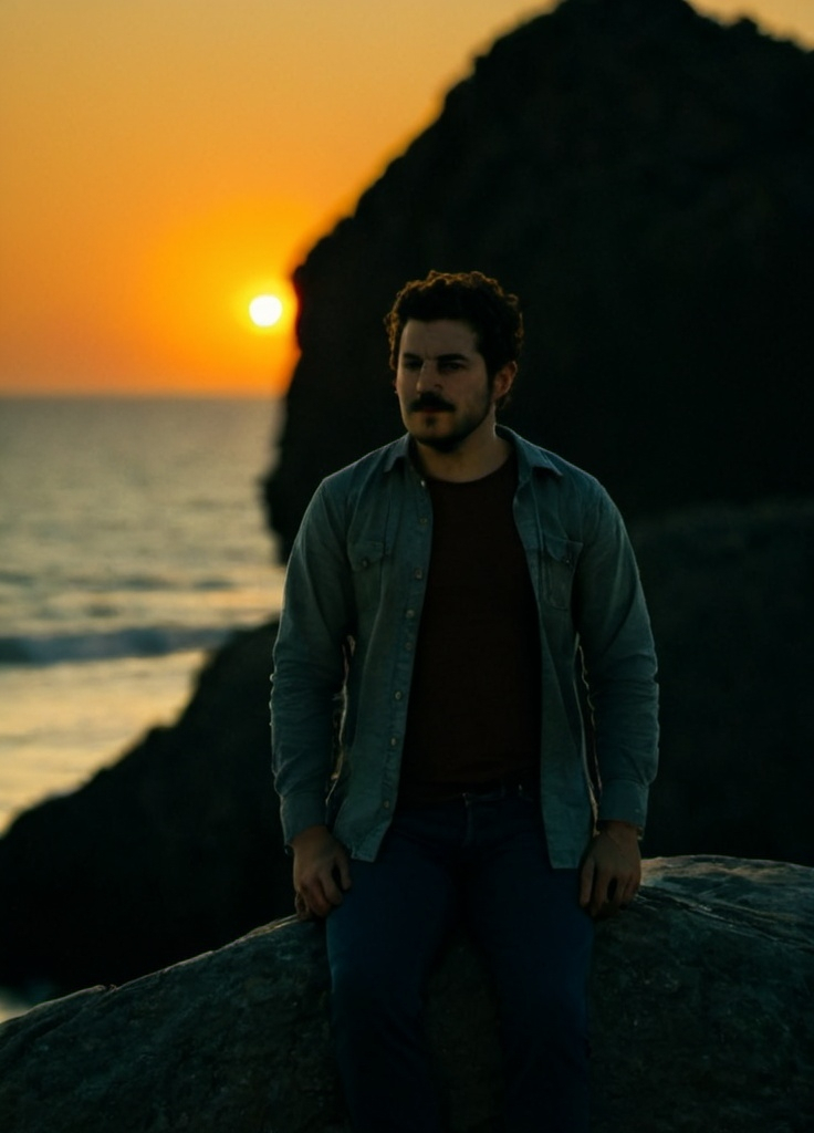 Prompt: a man sitting on a rock near the ocean at sunset with the sun setting behind him and the ocean in the background, Amir Zand, aestheticism, sunset, a picture