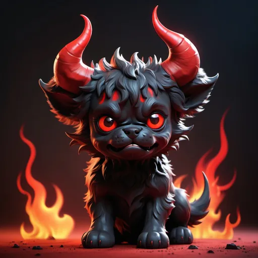 Prompt: (devil puppy), black and red color, mischievous expression, playful pose, scruffy fur, huge horns, flames background, soft shadows, hell-like environment, rude ambiance, dynamic energy, ultra-detailed, HD, eye-catching design.