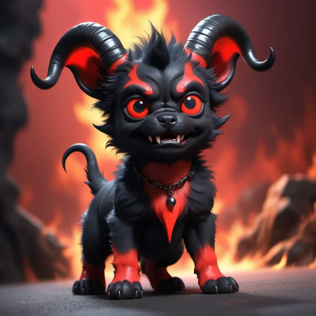 Prompt: (devil puppy), black and red color, mischievous expression, playful pose, scruffy fur, huge horns, hell-like background, soft shadows, hell-like environment, rude ambiance, dynamic energy, ultra-detailed, HD, eye-catching design.