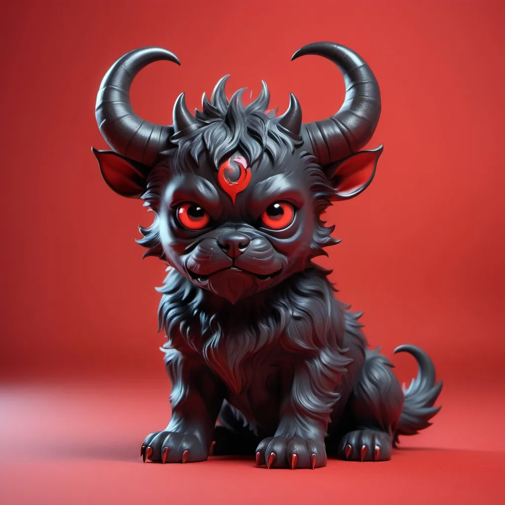 Prompt: (devil puppy), black and red color, mischievous expression, playful pose, scruffy fur, huge horns, red background, soft shadows, hell-like environment, rude ambiance, dynamic energy, ultra-detailed, HD, eye-catching design.