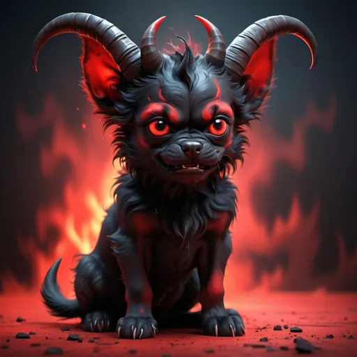 Prompt: (devil puppy), black and red color, mischievous expression, playful pose, scruffy fur, huge horns, hell-like background, soft shadows, hell-like environment, rude ambiance, dynamic energy, ultra-detailed, HD, eye-catching design.