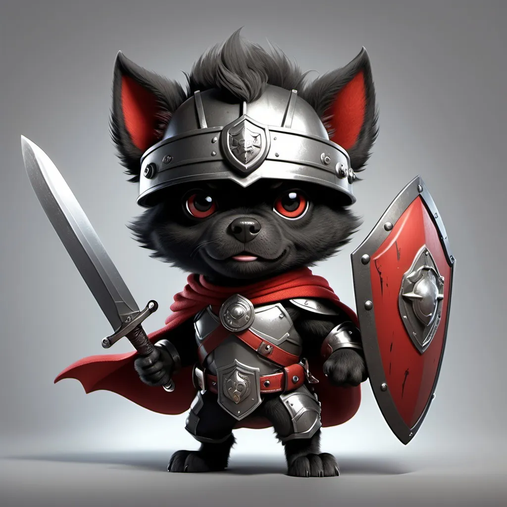 Prompt: (adorable masculine super dog), black and red color, mischievous expression, fierce fighting pose, scruffy fur, with shield, sword, helmet, black eye patch, grey background, soft shadows, hell-like environment, rude ambiance, dynamic energy, ultra-detailed, HD, eye-catching design.