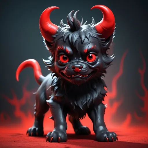 Prompt: (devil puppy), black and red color, mischievous expression, playful pose, scruffy fur, huge horns, hell-like background, soft shadows, hell-like environment, rude ambiance, dynamic energy, ultra-detailed, HD, eye-catching design.