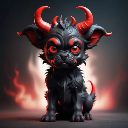 Prompt: (devil puppy), black and red color, mischievous expression, playful pose, scruffy fur, huge horns, hell-like background, soft shadows, hell-like environment, rude ambiance, dynamic energy, ultra-detailed, HD, eye-catching design.