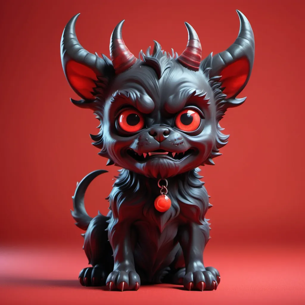 Prompt: (devil puppy), black and red color, mischievous expression, playful pose, scruffy fur, huge horns, red background, soft shadows, hell-like environment, rude ambiance, dynamic energy, ultra-detailed, HD, eye-catching design.