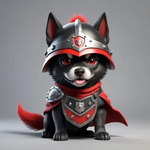 Prompt: (adorable masculine super dog), black and red color, mischievous expression, playful pose, scruffy fur, with shield, sword, helmet, and eye patch, grey background, soft shadows, hell-like environment, rude ambiance, dynamic energy, ultra-detailed, HD, eye-catching design.