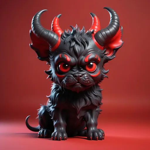 Prompt: (devil puppy), black and red color, mischievous expression, playful pose, scruffy fur, huge horns, red background, soft shadows, hell-like environment, rude ambiance, dynamic energy, ultra-detailed, HD, eye-catching design.