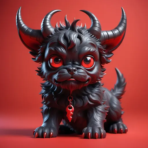 Prompt: (devil puppy), black and red color, mischievous expression, playful pose, scruffy fur, huge horns, red background, soft shadows, hell-like environment, rude ambiance, dynamic energy, ultra-detailed, HD, eye-catching design.