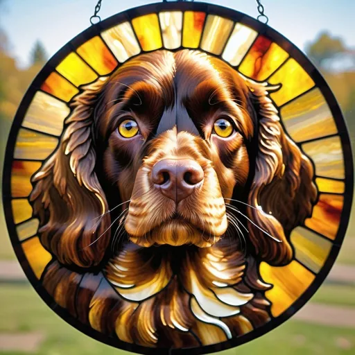 Prompt: Brown long haired boykin spaniel with bright yellow eyes, realistic portrait, golden background, circle, angelic