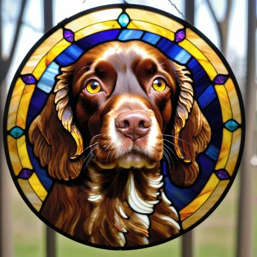 Prompt: Brown Boykin Spaniel with bright yellow eyes, angelic, stained glass, circle