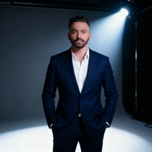 Prompt: A professional studio portrait of a man in a navy blue suit, white shirt, standing confidently with hands in pockets, under dramatic spotlight, cinematic background."transform it into a studio-style professional portrait