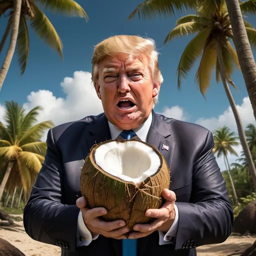 Prompt: donald trump with small hands trying to hold large coconut
