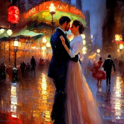 Prompt: Painting of a couple, impressionist oil painting, 2023 New York City, romantic atmosphere, elegant attire, vibrant colors, lively brushstrokes, detailed facial features, warm natural lighting, high quality, impressionist, romantic, vibrant colors, detailed faces, elegant outfits, atmospheric lighting.
